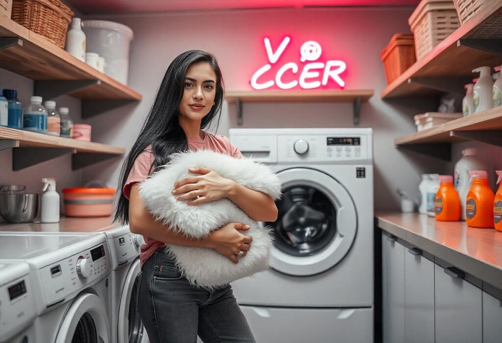 girl washing a pillow